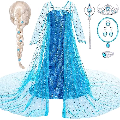 G.C Girls Elsa Frozen Dress Costume Princess Dress Up Clothes with Long Cape Kids Toddler Wig Crown Wand Jewelry Necklace Accessories Halloween Cosplay Birthday Party Supplies