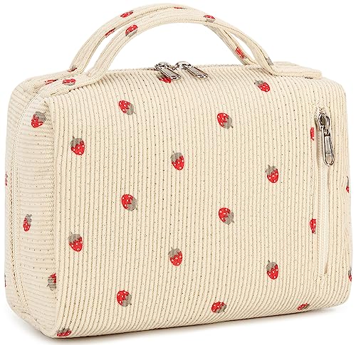 Bluboon Makeup Bag Zipper Pouch Travel Toiletry Bag Portable Cosmetic Bag Organizer for Women and Girls(Strawberry Corduroy Beige)