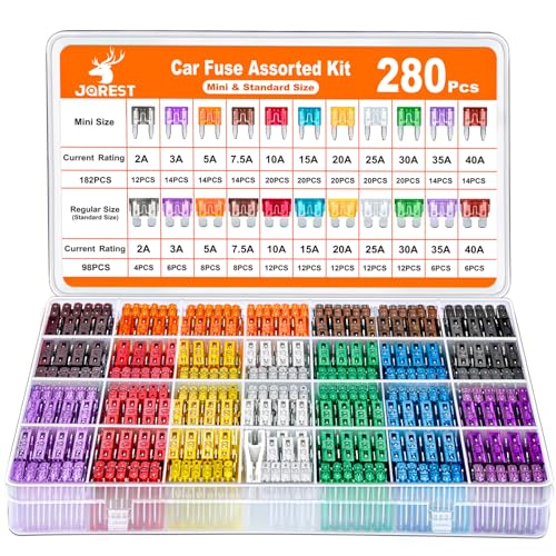 JOREST 280 Pcs Car Fuse Assortment Kit, 182 Mini Blade Fuses Automotive + 98 Standard Auto Fuses + 1 Fuse Puller – for Car/RV/Truck/Motorcycle/Boat (2Amp 3A 5A 7.5A 10A 15A 20A 25A 30A 35A 40A)