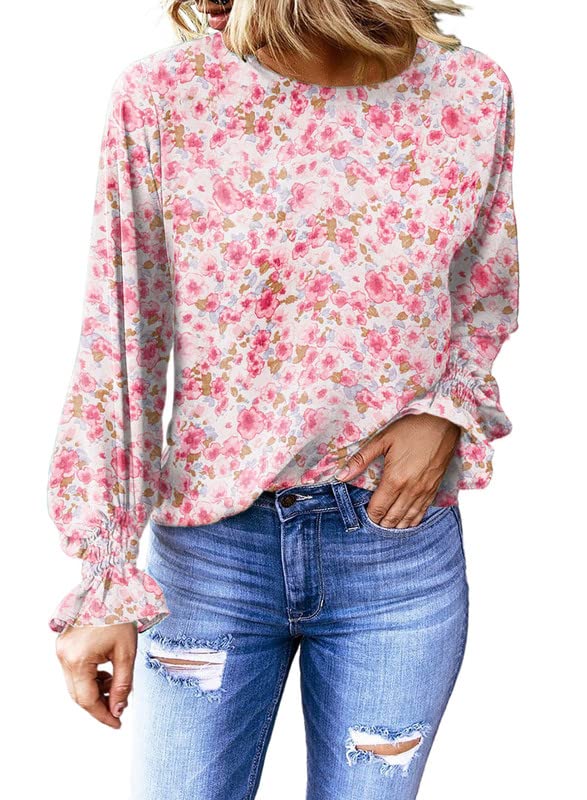 Dokotoo Womens Ladies Bell Long Sleeve Spring Summer Tops Crewneck Chiffon Floral Print Business Work Floral Print Ruffle Shirts and Blouses for Women Casual Loose Shirts Sky Blue Large