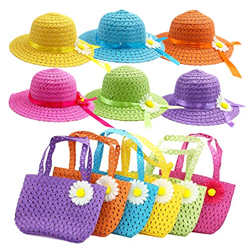 Aligle 6Sets Girls Tea Party Straw Sun Hat and Purse Sets Kids Child Birthdays Easter Party Daisy Flower Sunflower Summer Beach Cap Travel Gift Assorted Colors (6Color)