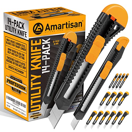 Amartisan 14-Piece Retractable Box Cutter, Utility Knifes for Boxes, Cartons, Cardboard Cutting, 18mm & 9mm Wide Blade Cutter, Very Suitable for Office and Home Use.