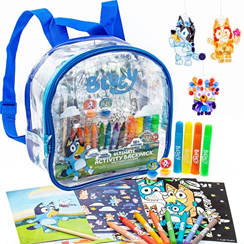 Bluey Ultimate Activity Backpack, Create Your Own Suncatchers & Reveal Surprise Scenes, Perfect for Travel, Road Trip Toy, or Toddler Gift Bluey Birthday Party, Great Set for Kids 3, 4, 5, 6