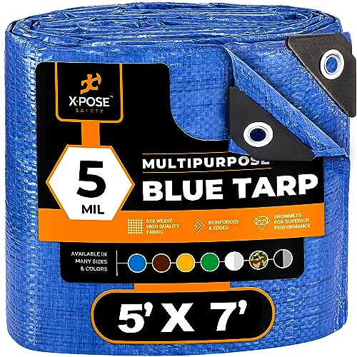 Better Blue Poly Tarp - 5' X 7' - Multipurpose Protective Cover, Leightweight, Durable, Waterproof, Weather Proof - 5 Mil Thick Polyethylene - by Xpose Safety