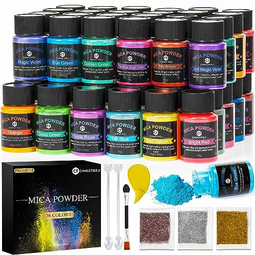CHANGTIKEJI Mica Powder，36 Colors - 10g/Bottle of Natural Pigment Powder for Epoxy Resin，Soap Making，Candle Making,Lip Gloss,Car Freshies,Dye,Nail Polish,Bath Bombs