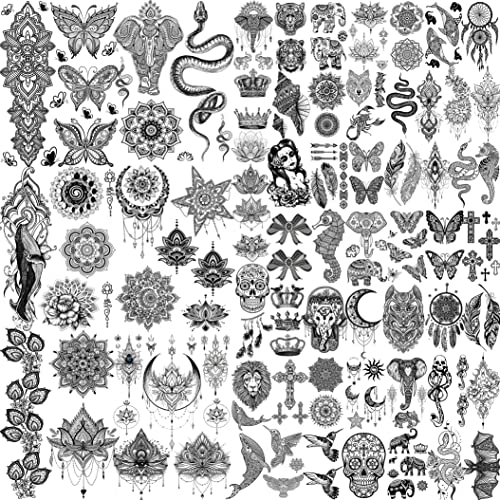 Shegazzi 58 Sheets Black Lace Temporary Tattoos For Women Girls, Large Lotus Mandala Flower Snake Elephant Butterfly Fake Adults Kit, Indian Tribal Skull Arm Sleeve Neck Tatoos Wedding