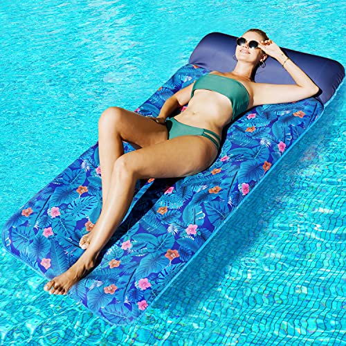 FindUWill Oversized Pool Floats for Adults - 72' X 37' Extra Large Fabric-Covered, Inflatable Pool Lounger with Headrest Ultra-Comfort Cooling Pool Floaties Mat (XL, Monstera Blue)