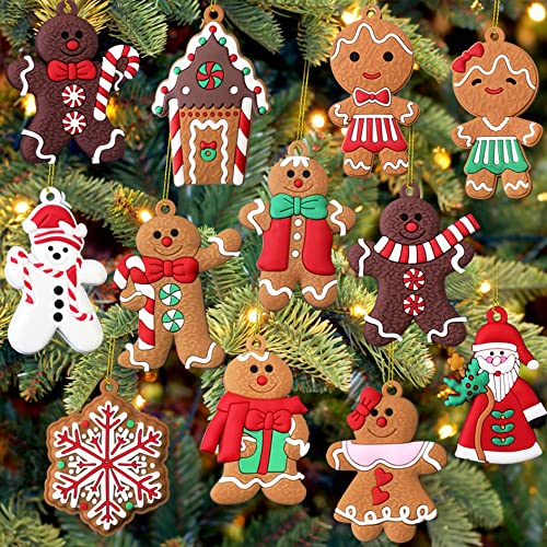 12pcs Christmas Ornaments Cute Snowman Xmas Tree Decorations Santa Claus Plastic Figurines Ornaments with Sugar Cookie House for Christmas Tree Hanging Party Ornaments DIY Decor 3 Inch Tall