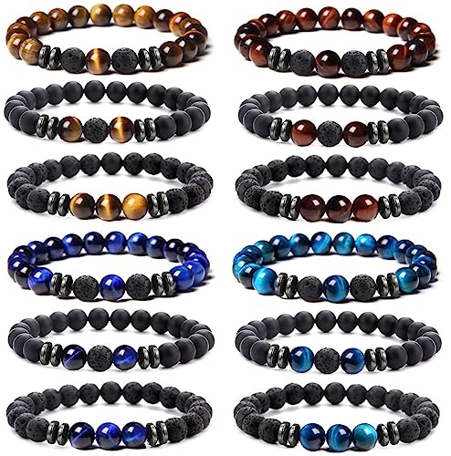 MOZAKA 12Pcs 8mm Natural Stone Lava Rock Beaded Bracelets for Men Women Tiger Eye Hematite Black Onyx Matte Beads Essential Oil Diffuser Lava Stone Bead Bracelets Bulk