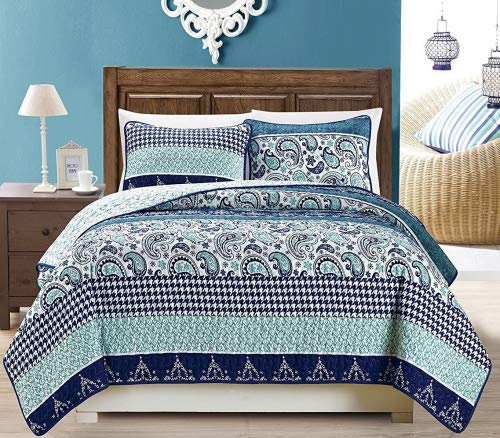 Grand Linen 3-Piece Fine Printed Oversize (100' X 95') Quilt Set Reversible Bedspread Coverlet Full/Queen Size Bed Cover (Navy Blue Paisley)