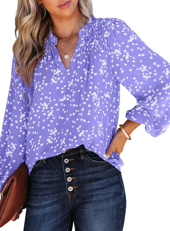 Dokotoo Womens Casual Alicia Flowy Print V Neck Smocked Long Sleeve Chiffon Blouses Tshirts Tops for Women 2024 Summer Trendy Work Business Boho Top Small Orchid Petal