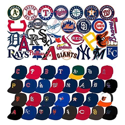 AcAliA 60 Pcs Sports Stickers,Baseball Stickers,30 Baseball Team Logo Stickers+30 Baseball Cap Stickers,Hydroflask Bottles Waterproof Vinyl Stickers(60N)