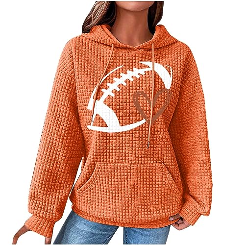 Womens Waffle Knit Hoodies Casual Long Sleeve Cute Football Print Sweatshirts Drawstring Trendy Pullover Tops 2023 hoodies for women with designs Orange XXL