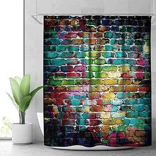 Riyidecor Colorful Graffiti Brick Wall Shower Curtain Hip Hop Multicolor Rainbow Painting Cool Street Fun Aesthetic Decor Fabric Bathroom Polyester Waterproof 72x72 Inch 12-Pack Plastic Hooks WW-VKSU