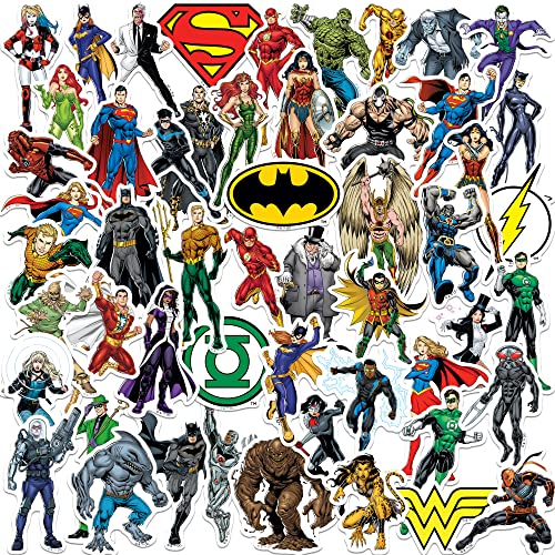 Justice League Characters 50ct Vinyl Large Deluxe Stickers Variety Pack - Laptop, Water Bottle, Scrapbooking, Tablet, Skateboard, Indoor/Outdoor - Set of 50