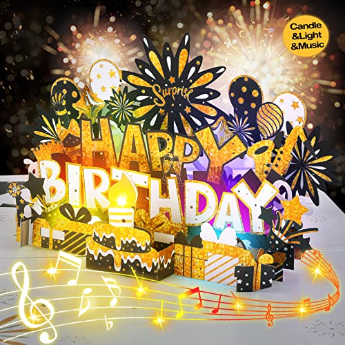 BYKOOO Birthday Card | Musical Pop Up Birthday Cards w Light | Blow Out LED Light Candle & Play Happy Birthday Music Pop Up Card | Greeting Cards Gifts for Him or Her | Black Gold (Blowable Candle)