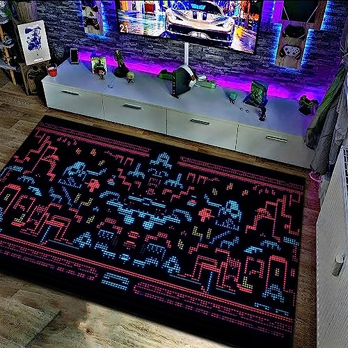 Dark and Neon 80s Arcade Carpet Space Invaders NES Game 8bit, Customizable Area Rug, Arcade Carpet for Living Room Full Size (5x8, 4x6, 3x5), Arcade Decor, Gift for Gamers, Video Game