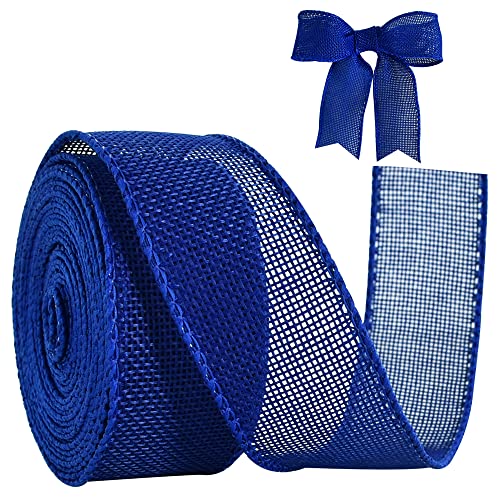 TONIFUL Burlap Wired Ribbon, 1-1/2 Inch Faux Burlap Ribbons, Royal Blue Color, for Christmas, Home Decor, Gift Wrapping, Tree Topper Bow, Wreath, DIY Crafts.(10 Yards）