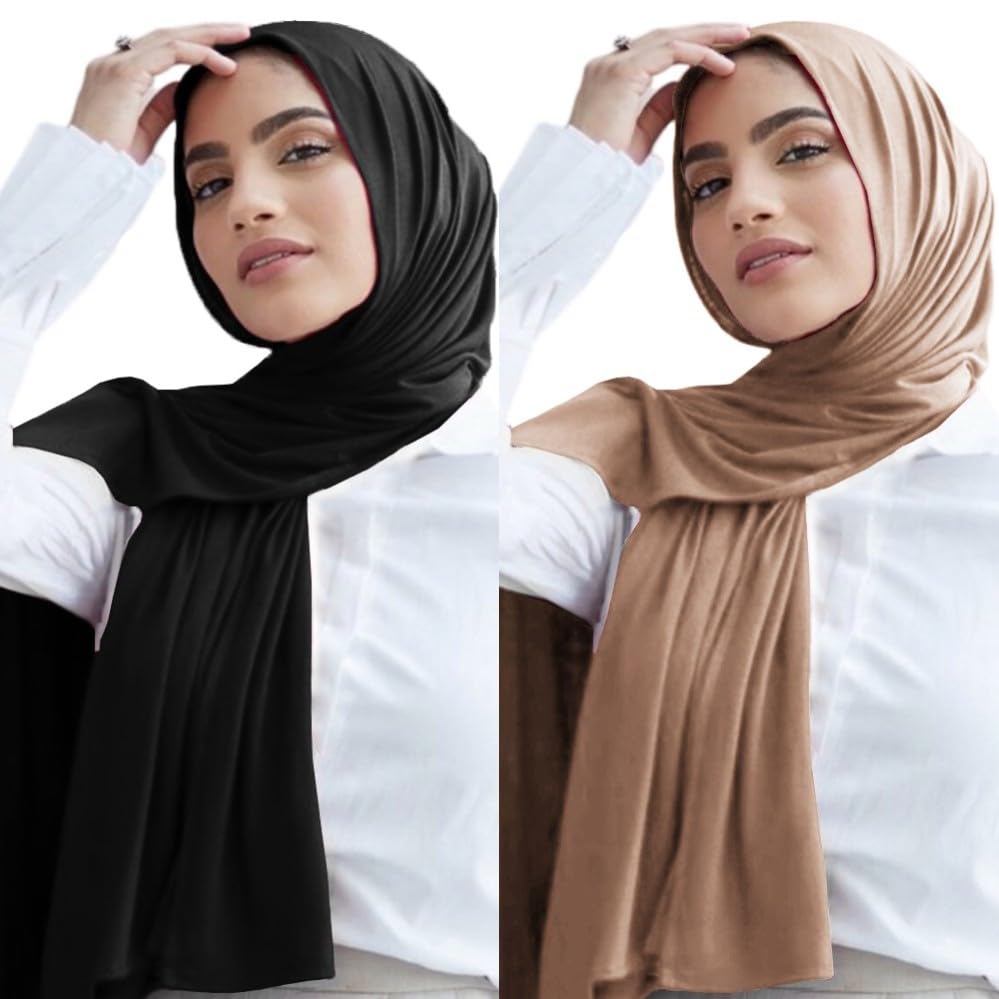 Harewom Jersey Hijab Scarf for Women Long Lightwegith Turban Head Wrap Strech Hair Wraps (Black&Camel)