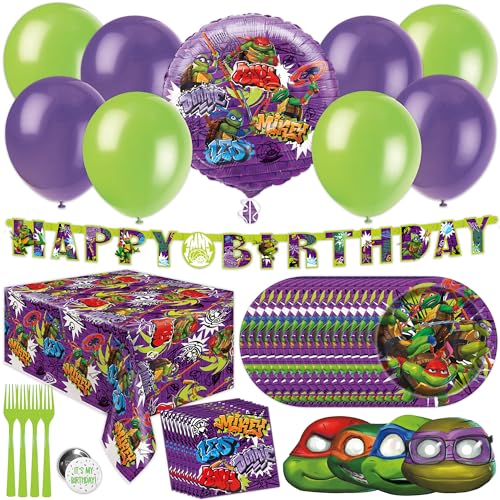 Teenage Mutant Ninja Turtle Birthday Party Supplies | Serves 16 Guests | Officially Licensed | TMNT Mutant Mayhem Movie | Balloon Decorations, Plates, Napkins, Tablecloth, Forks, Button