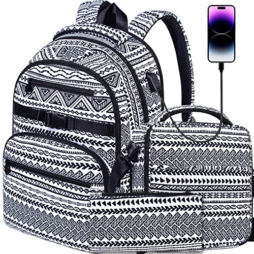 Laptop Backpack, 16 Inch School Bag College Bookbag, Anti Theft Daypack Bags and Lunch Bag Set, Water Resistant Stripe Backpacks for Teens Boys Men Students (Black)