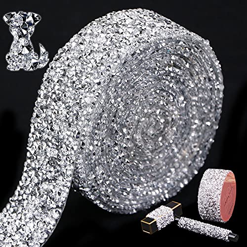 Locacrystal Bling Crystal Rhinestone Ribbon Self-Adhesive Iron on Resin Diamond Ribbon Wrap Roll DIY Bling Stickers for Wedding Clothing Cars Crafts Dress Decoration（Silver,1.18inch x 3yard）