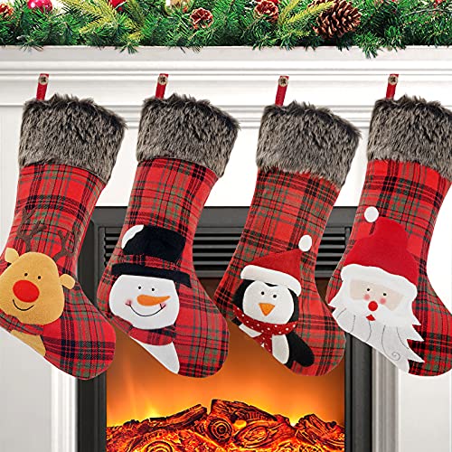 COOLWUFAN Christmas Stockings, 4 Pack 19'' Xmas Stockings with Penguin Santa Snowman Reindeer and Plush Faux Fur Cuff Family Pack Stockings for Xmas Holiday Family Party Decorations (Red)