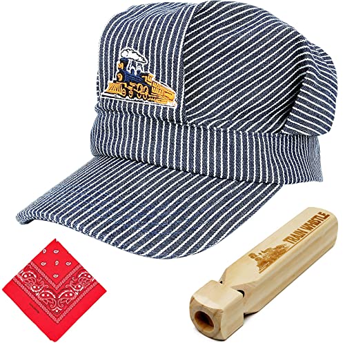 Conductor Hat+Wooden Train Whistle+Paisley Bandanna (3 in 1) Engineer Cap Adjustable Train Conductor Dress Up Kit for Kids Red