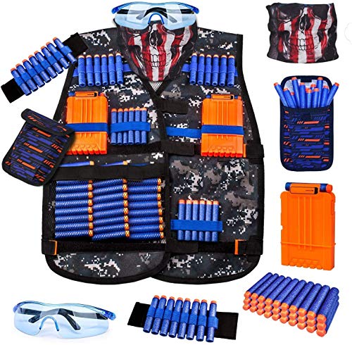 Kids Tactical Vest Kit for Nerf Guns Series with Refill Darts,Dart Pouch, Reload Clips, Tactical Mask, Wrist Band and Protective Glasses, Toys for 8 9 10 11 12 Year Boys