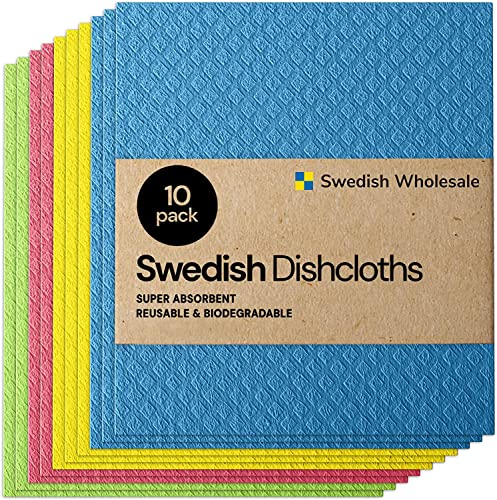 Swedish Dishcloth Cellulose Sponge Cloths – Bulk 10 Pack of Eco-Friendly No Odor Reusable Cleaning Cloths for Kitchen – Absorbent Dish Cloth Hand Towel (10 Dishcloths – Assorted)