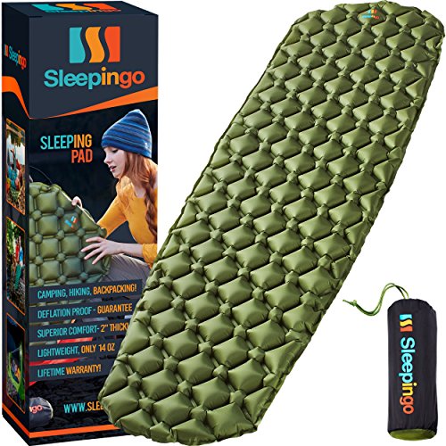 Sleepingo Sleeping Pad for Camping - Ultralight Sleeping Mat for Camping, Backpacking, Hiking - Lightweight, Inflatable Air Mattress - Compact Camping Mats for Sleeping- Green, 1pk