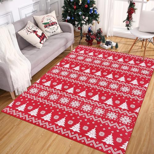 RUGSREAL Large Christmas Area Rug Indoor Bedroom Rug Xmas Boho Area Rug Washable Area Rug Non-Slip Low Pile Decorative Area Rug for Living Room Dining Nursery, Red 8' x 10'