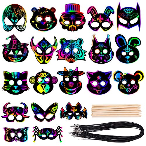 KXCOFTXI Halloween Mask Craft Kit for Kids, 52 Pcs Kids Magic Scratch Paper Animal Masks, DIY Rainbow Scratch Art Masks for Halloween and Animal Birthday Party