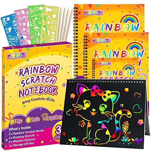 pigipigi Gifts for 3-12 Year Old Girls Boys - 3 Pack Rainbow Scratch Off Notebooks Arts Crafts Supplies Set Color Drawing Paper Kit for Kids Birthday Game Party Favor Christmas Easter Activity Toy