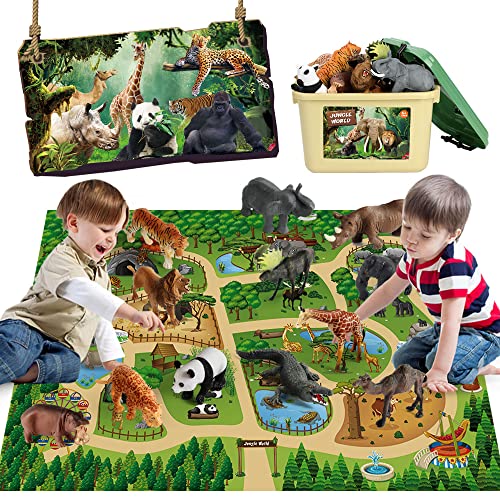 Mini Tudou 12 Pcs Safari Animals Figures Toys w/ 57x38.6’’ Large Activity Play Mat, Realistic Jumbo Jungle Wild Zoo Animals Figurines Playset w/Elephant, Giraffe, Lion for Kids Boys