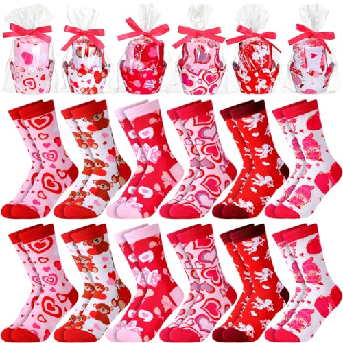 Cozypower 12 Pairs Valentine Cupcake Socks Gifts for Women Girl Red Heart Print Crew Socks Bulk Novelty Cute Valentines Day Cake Socks with Gift Wrap for Valentines Wife Mothers Day, 6 Styles