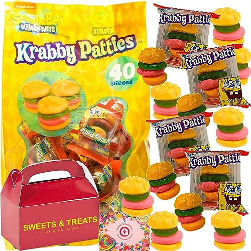 Krabby Patty Gummy Candy | Sponge Bob Individually Wrapped Burger Shaped Pattie | Halloween Trick Treat Deco Holiday Basket Stuffer Birthday Party Favor Gift - Plus Muchai Box (Bulk Bag 40 Pieces)