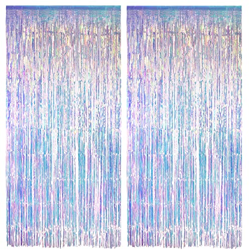 Iridescent Party Streamers Backdrop - GREATRIL Neon Transparent Holographic Tinsel Foil Fringe Curtain for Mermaid/Frozen/Sea/Euphoria/ERAS Party Theme Decorations 2 PCS