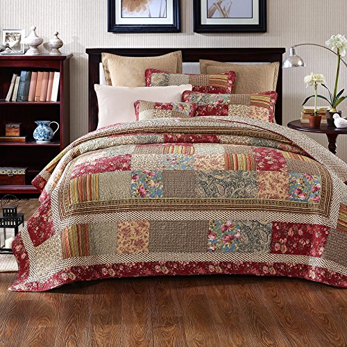 Tache Cotton Patchwork Country Farm Cottage Vintage Antique Ditsy Floral Paisley Burgundy Beige Lightweight Coverlet Fairy Tale Tea Party Quilt Set, Twin