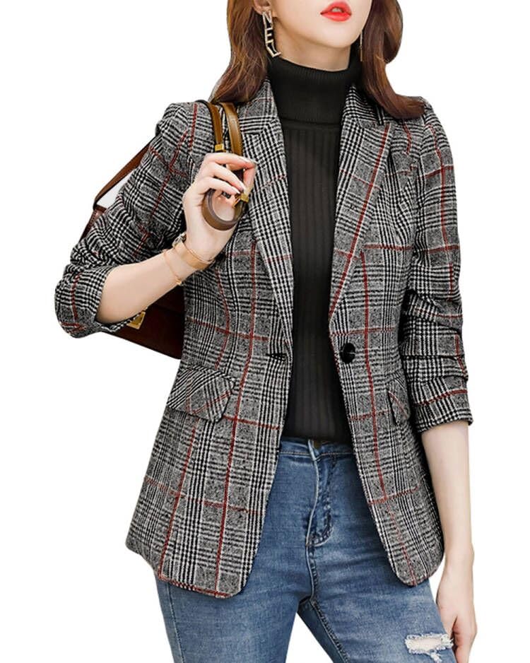 ebossy Women's Notch Lapel 2 Button Boyfriend Blazer Suit Houndstooth Plaid Jacket Coat (Medium, Z-Grey)