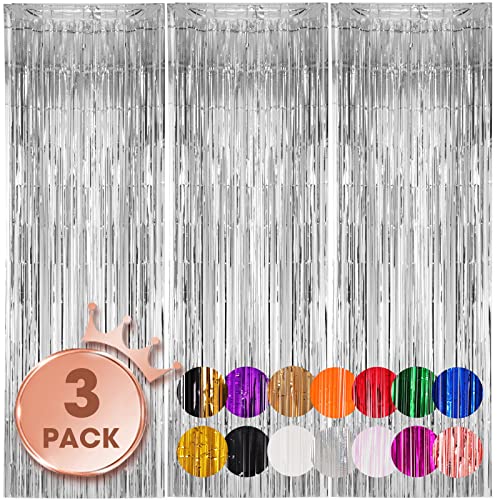 Voircoloria 3 Pack 3.3x8.2 Feet Silver Foil Fringe Backdrop Curtains, Tinsel Streamers Birthday Party Decorations, Fringe Backdrop for Graduation, Baby Shower, Gender Reveal, Disco Party