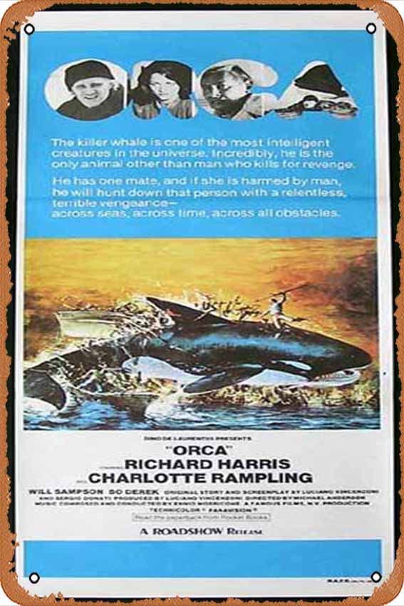 Zuhhgii Retro ORCA Daybill Movie Poster 1977 Richard Harris Charlotte Rampling Killer Whale Movies Poster Tin Sign 8x12 inches,Classic Film and Television Poster Vintage Metal Sign Art Wall Decor for Musical Home Cafes Office Store Karaoke Pubs Club Gift Plaque.