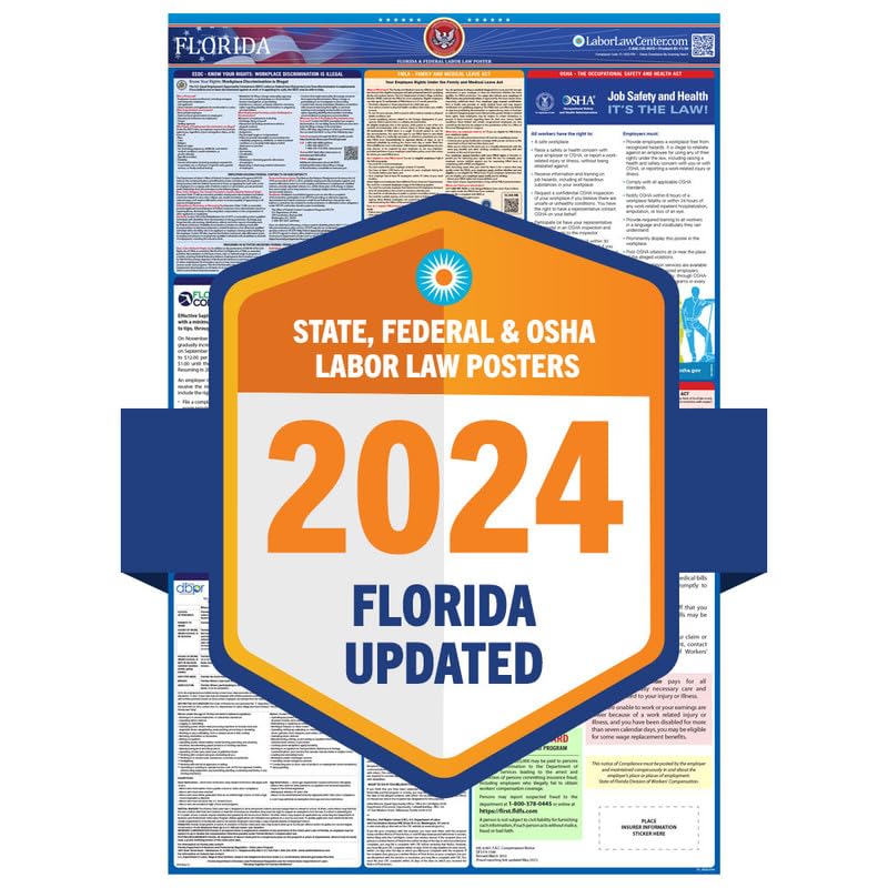 2024 Latest Florida Labor Law Poster - State, Federal, OSHA Compliant - Workplace Required Posting for Employees - English Employment Poster- UV Laminated Waterproof - 25.5' x 40”- English