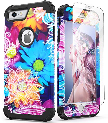 IDweel iPhone 6S Plus Case with Tempered Glass Screen Protector, iPhone 6 Plus Case, 3 in 1 Shockproof Slim Hybrid Heavy Duty Hard PC Cover Soft Silicone Rugged Bumper Full Body Case, Flower