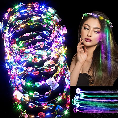 24 Pieces LED Flower Crown Headband and LED Lights Hair Sets Luminous LED Headpiece Light up Flowers Wreath Headdress Headpiece Flower Crowns Glow in the Dark for Women Wedding Christmas Halloween