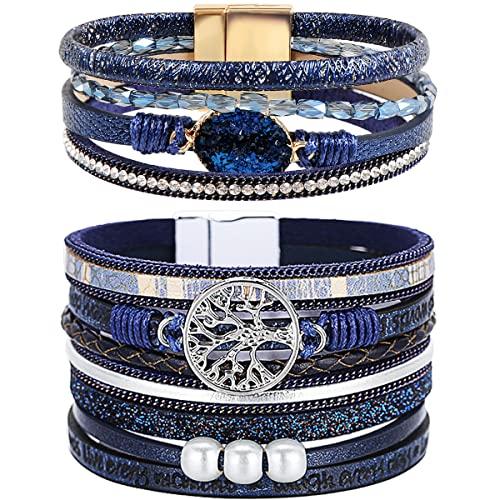 LightOnIt Bracelets for Teen Girls Women Leather Wrap Boho Bracelet Blue Stone Crystal Braclet Birthday Gift for Teenage Girls