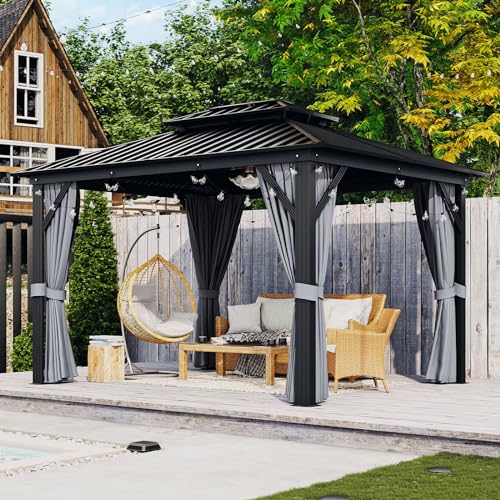 Aoxun 10'x12' Hardtop Gazebo, Aluminum Frame Canopy with Double Galvanized Steel Roof, Outdoor Metal Pavilion with Netting, Curtains for Backyard, Patio and Deck