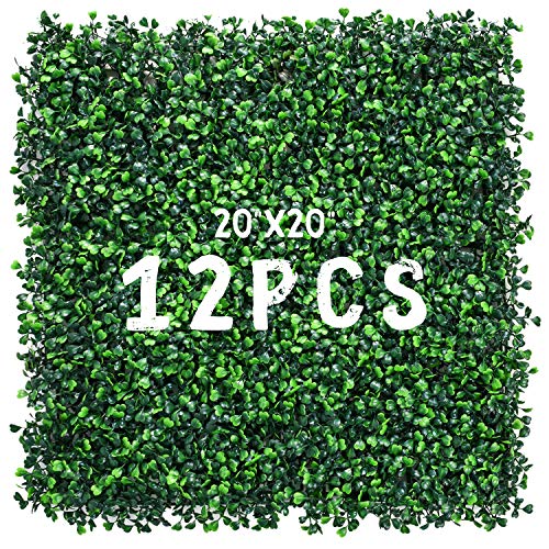 Decwin 12 Pieces 20” X 20” Artificial Hedge Boxwood Panels Boxwood Hedge Grass Wall Green Greenery Plant Mats UV Stable for Indoor Outdoor Decor Garden Fence