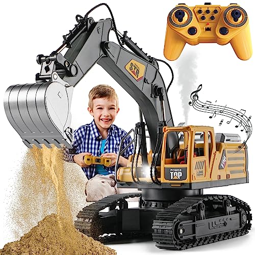 KASQERT Remote Control Excavator Toys for Boys,14 Channel 1:14 RC Digger Construction Toys Tractor,Simulated Smoke, Sound, Lighting, Metal Digging Head, for Boys 3 4 5 6 7 8 9 10