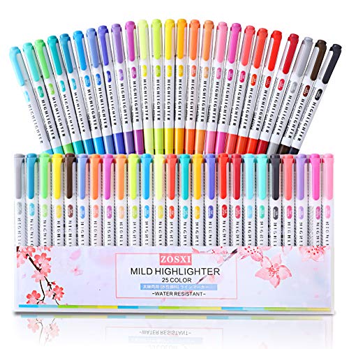 Zosxi Highlighter Double Ended Mild color Highlighter Fluorescent Marker pen for Coloring, Underlining, Highlighting,Broad and Fine Tips,Assorted 25 Colors (25 Color set)